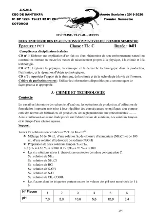 Première page de PCT Tle C — 2e évaluation sommative, 1er semestre (2019-2020) · CEG Dantokpa