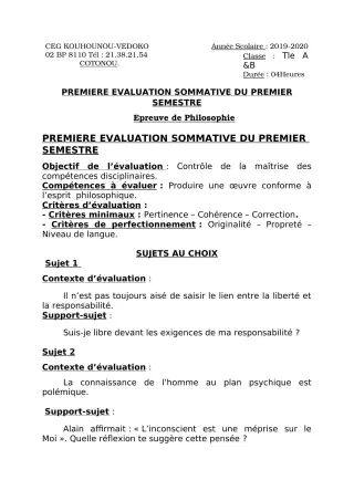 Première page de Philosophie Tle A1, Tle A2, Tle B — 1re évaluation sommative, 1er semestre (2019-2020) · CEG Kouhounou-Vêdoko