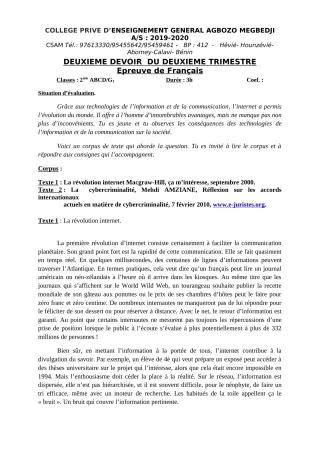 Première page de Français 6e, 5e, 4e, 4e ML, 3e, 3e ML, 2nde A, 2nde A1, 2nde A2, 2nde B, 2nde C, 2nde D, 1ère A, 1ère A1, 1ère A2, 1ère B, 1ère D, Tle A, Tle A1, Tle A2, Tle B, Tle C, Tle D — 2e devoir surveillé, 2e