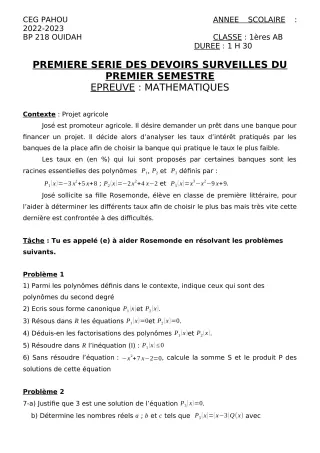 Première page de Mathématiques 1ère A2, 1ère B — 1er devoir surveillé, 1er semestre (2022-2023) · CEG PAHOU