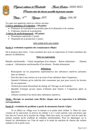 Première page de SVT 6e — 1er devoir surveillé, 1er semestre (2020-2021) · PMB