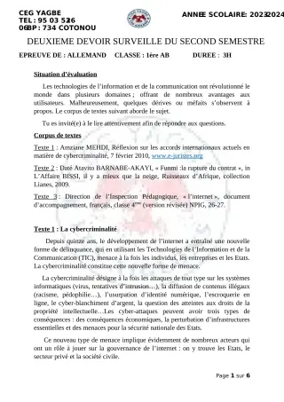 Première page de Français 1ère A2, 1ère B, 1ère C, 1ère D — 2e devoir surveillé, 2e semestre (2023-2024) · CEG Yagbe