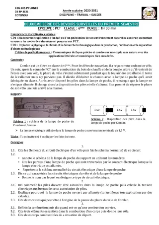Première page de PCT 6e, 5e, 4e, 3e, 2nde C, 2nde D, 1ère C, 1ère D, Tle C, Tle D — 2e devoir surveillé, 1er semestre (2020-2021) · CEG Les Pylônes