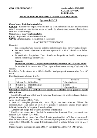 Première page de PCT 3e — 1er devoir surveillé, 1er semestre (2019-2020) · CEG ATROKPOCODJI
