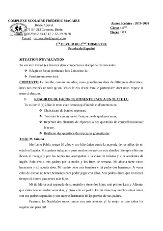 Première page de Espagnol 4e — 1er devoir surveillé, 2e trimestre (2019-2020) · CPEG Frédéric Macaire