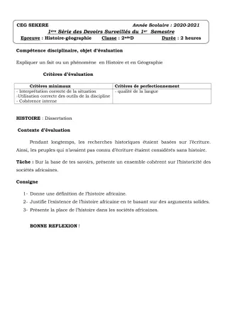 Première page de Histoire-Géographie 2nde D — 1er devoir surveillé, 1er semestre (2020-2021) · CEG SEKERE