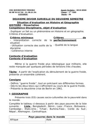 Première page de Histoire-Géographie 1ère C, 1ère D — 2e devoir surveillé, 2e semestre (2019-2020) · CEG Kouhounou-Vêdoko