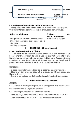 Première page de Histoire-Géographie 1ère C — 1re évaluation sommative, 2e semestre (2022-2023) · CEG2 ABOMEY - CALAVI (CEG ZOCA)