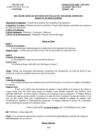 Première page de Philosophie Tle A2, Tle B — 2e devoir surveillé, 2e semestre (2018-2019) · CEG du Lac