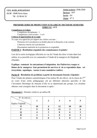 Première page de SVT 2nde C — 1re production scolaire, 2e semestre (2018-2019) · CEG AGBLANGANDAN