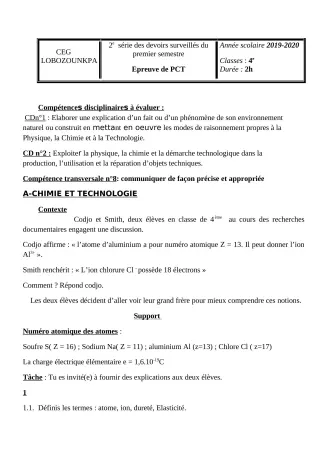Première page de PCT 4e — 2e devoir surveillé, 1er semestre (2019-2020) · CEG Lobozounkpa