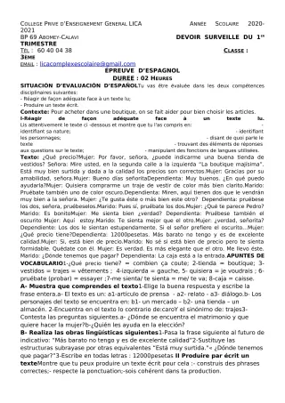 Première page de Espagnol 3e ML — 1er devoir surveillé, 1er trimestre (2020-2021) · CPEG LICA
