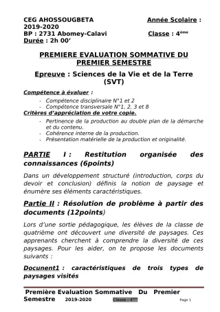 Première page de SVT 4e, 4e ML — 1re évaluation sommative, 1er semestre (2019-2020) · CEG Ahossougbéta