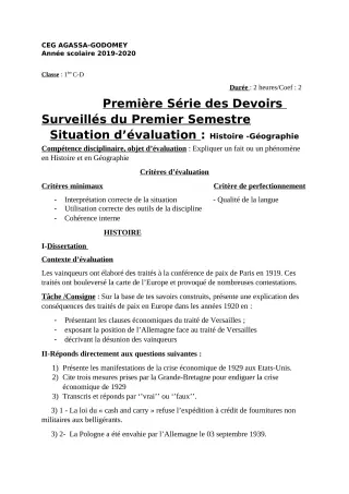 Première page de Histoire-Géographie 1ère C, 1ère D — 1er devoir surveillé, 1er semestre (2019-2020) · CEG Agassa Godomey