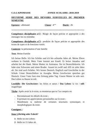 Première page de Allemand 4e ML, 3e ML, 2nde A, 2nde B, 1ère A, 1ère A1, 1ère A2, 1ère B, Tle A1, Tle A2 — 2e devoir surveillé, 1er semestre (2018-2019) · CEG Kpomassè