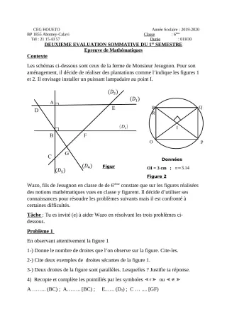 Première page de Mathématiques 6e — 2e évaluation sommative, 1er semestre (2019-2020) · CEG HOUETO