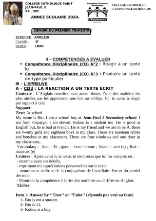 Première page de Anglais 6e, 5e, 4e, 4e ML, 2nde A1, 2nde A2, 2nde C, 2nde D, 1ère A1, 1ère A2, 1ère C, 1ère D — 1er devoir surveillé, 1er trimestre (2020-2021) · CCJPII DJOUGOU
