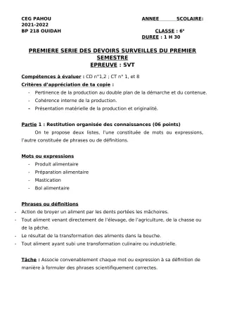 Première page de SVT 6e — 1er devoir surveillé, 1er semestre (2021-2022) · CEG PAHOU