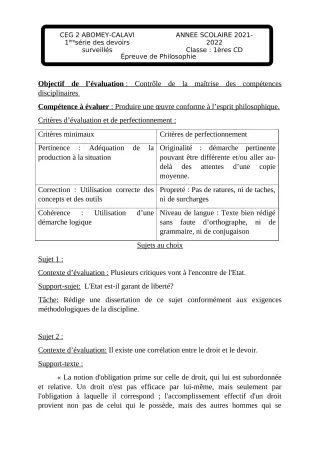 Première page de Philosophie 1ère C — Devoir surveillé, 2e semestre (2021-2022) · CEG2 ABOMEY - CALAVI (CEG ZOCA)