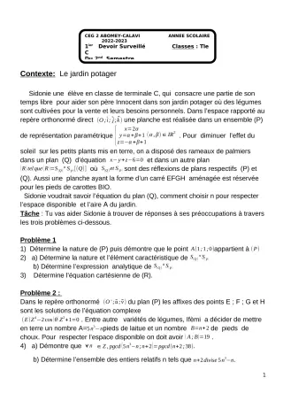 Première page de Mathématiques Tle C — Devoir surveillé, 2e semestre (2022-2023) · CEG2 ABOMEY - CALAVI (CEG ZOCA)