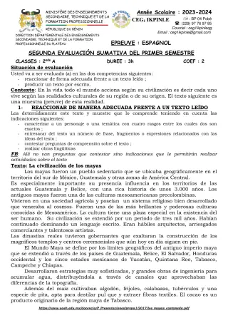 Première page de Espagnol 2nde A — 2023-2024 · CEG1 Ikpinlè