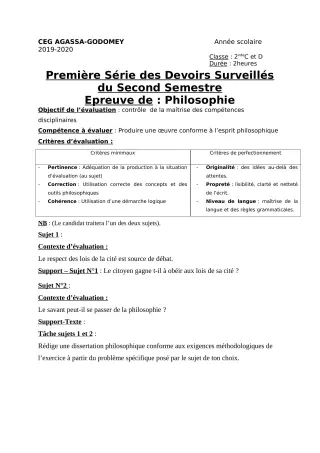 Première page de Philosophie 2nde A & B, 2nde A2, 2nde B, 2nde C, 2nde D, 1ère A, 1ère A2, 1ère B, 1ère C, 1ère D, Tle A1, Tle A2, Tle B, Tle C, Tle D — 1er devoir surveillé, 2e semestre (2019-2020) · CEG Agassa Godom