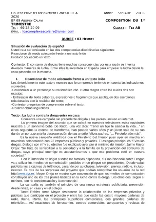 Première page de Espagnol 4e ML, Tle A2, Tle B — Composition, 1er trimestre (2019-2020) · CPEG LICA