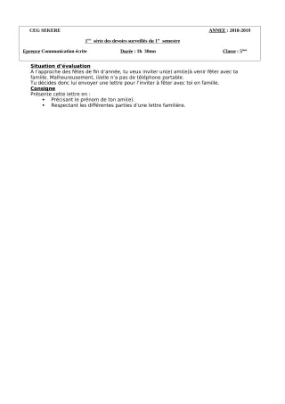 Première page de Français 5e — 1er devoir surveillé, 1er semestre (2018-2019) · CEG SEKERE
