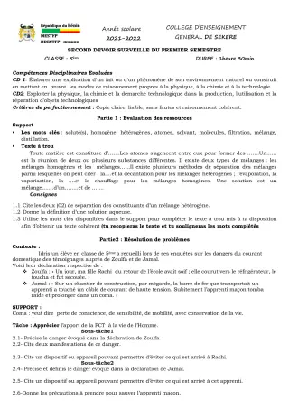 Première page de PCT 5e — 2e devoir surveillé, 1er semestre (2021-2022) · CEG SEKERE