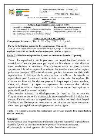 Première page de SVT 5e — 2e devoir surveillé, 2e semestre (2022-2023) · CEG SEKERE