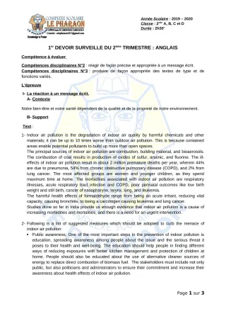 Première page de Anglais 2nde A, 2nde B, 2nde C, 2nde D — 1er devoir surveillé, 2e trimestre (2019-2020) · CPEG LE PHARAON