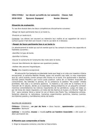 Première page de Espagnol 3e ML — 1er devoir surveillé, 1er semestre (2018-2019) · CEG 2 N'DALI