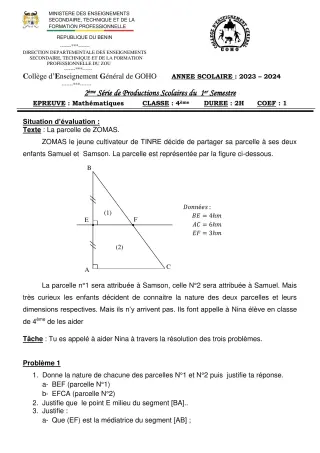 Première page de Mathématiques 4e — 2e production scolaire, 1er semestre (2023-2024) · CEG GOHO