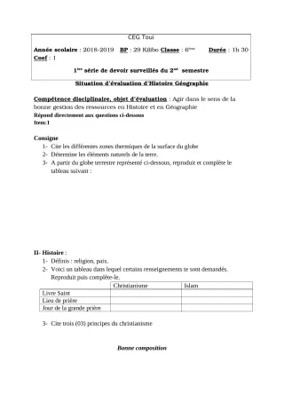 Première page de Histoire-Géographie 6e — 1er devoir surveillé, 2e semestre (2018-2019) · CEG TOUI