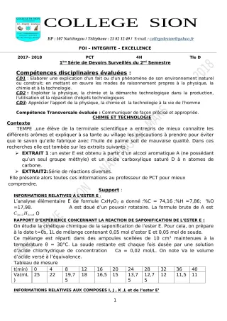 Première page de PCT Tle D — Devoir surveillé (2019-2020) · CEG PRIVE SION DES AD