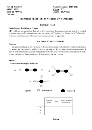 Première page de PCT 4e — 1er devoir surveillé, 2e semestre (2019-2020) · CEG LE NOKOUE