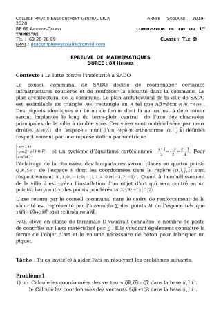 Première page de Mathématiques Tle C, Tle D — Composition (2019-2020) · CPEG LICA