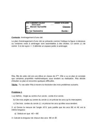 Première page de Mathématiques 4e, 4e ML — 1er devoir surveillé, 1er semestre (2018-2019) · CEG2 ABOMEY - CALAVI (CEG ZOCA)