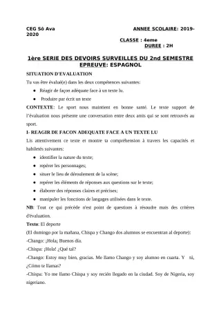 Première page de Espagnol 4e, 4e ML — 1er devoir surveillé, 2e semestre (2019-2020) · CEG Sô-Ava
