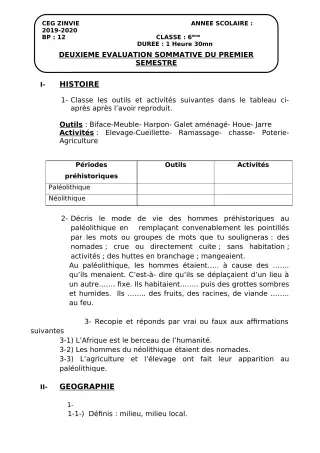 Première page de Histoire-Géographie 6e — 2e évaluation sommative, 1er semestre (2019-2020) · CEG Zinvié