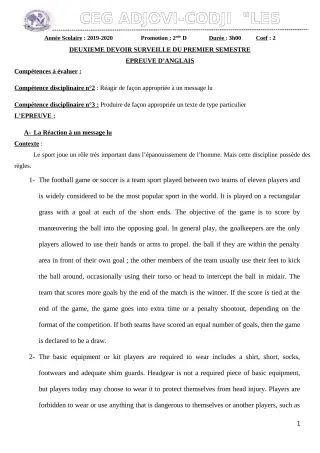 Première page de Anglais 2nde D — 2e devoir surveillé, 1er semestre (2019-2020) · CEG ADJOVICODJI 'LES OLIVIERS'