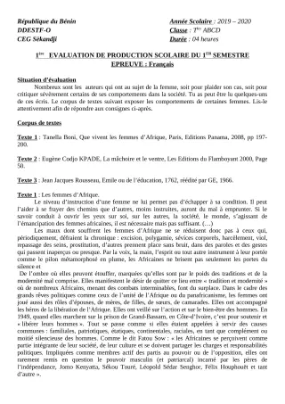 Première page de Français 6e, 5e, 4e, 4e ML, 3e, 3e ML, 2nde A & B, 2nde C, 2nde D, 1ère A & B, 1ère C, 1ère D, Tle A1, Tle A2, Tle B, Tle C, Tle D — 1re production scolaire, 1er semestre (2019-2020) · CEG SEKANDJI