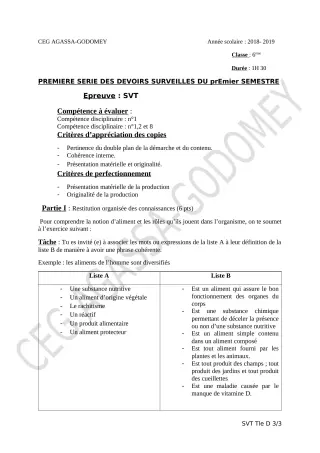 Première page de SVT 6e, 5e, 4e, 4e ML, 3e, 3e ML, 2nde A & B, 2nde C, 2nde D, 1ère A, 1ère B, 1ère C, 1ère D, Tle A2, Tle B, Tle C, Tle D — 1er devoir surveillé, 1er semestre (2018-2019) · CEG Agassa Godomey