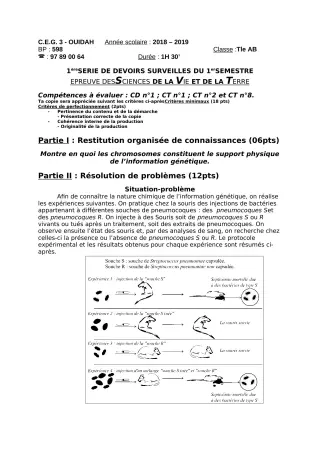 Première page de SVT Tle A & B — Devoir surveillé (2019-2020) · CEG3 OUIDAH