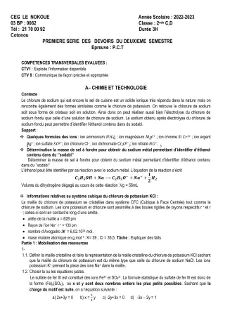 Première page de PCT 2nde C, 2nde D — 1er devoir surveillé, 2e semestre (2022-2023) · CEG LE NOKOUE