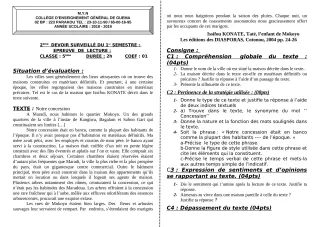 Première page de Français 5e — 2e devoir surveillé, 1er semestre (2018-2019) · ceg guema