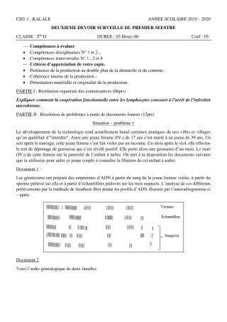 Première page de SVT 2nde D — 2e devoir surveillé (2019-2020) · CEG1 Kalalé