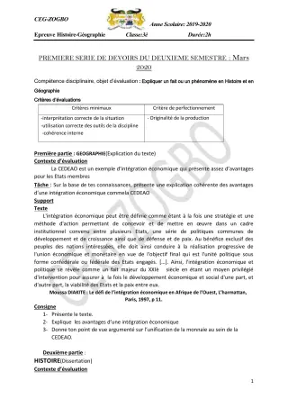Première page de Histoire-Géographie 3e, 3e ML — 1er devoir surveillé, 2e semestre (2019-2020) · CEG ZOGBO