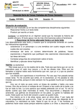 Première page de Espagnol Tle A & B — Devoir surveillé (2023-2024) · CEG GOHO