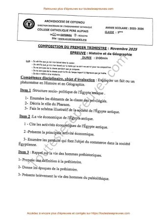 Première page de Histoire-Géographie 5ème – Composition du 1er trimestre 2025-2026 – Égypte antique et vie des hommes préhistoriques – Collège Catholique Père Aupiais